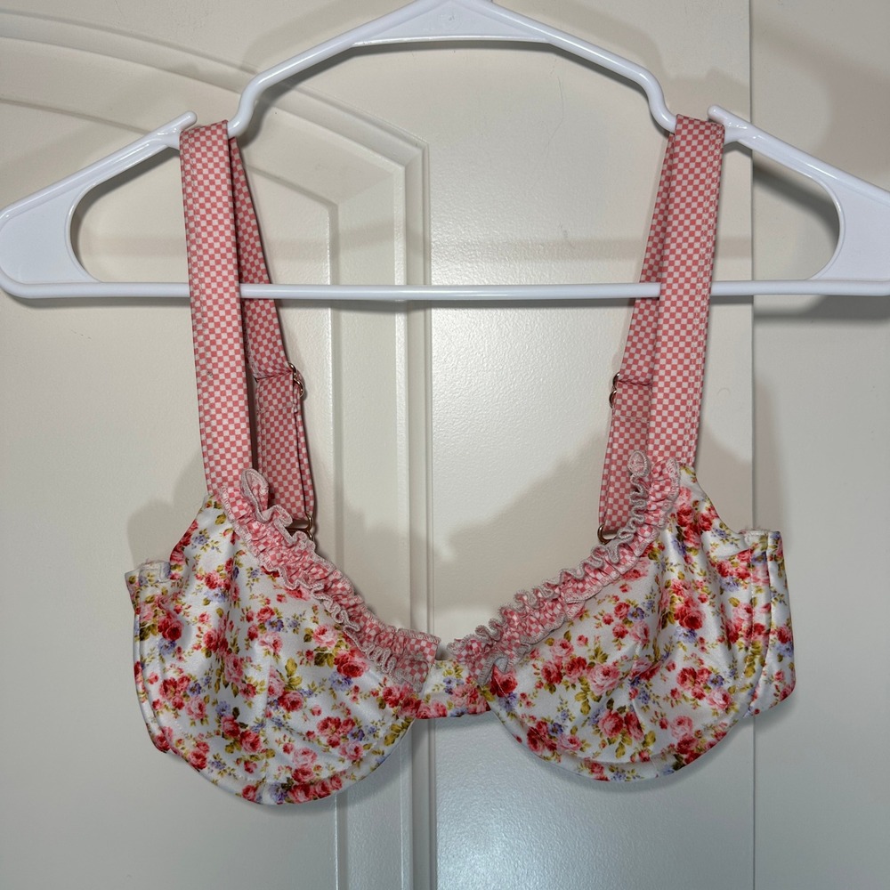 Strawberry Milk Mob Pink Floral Gingham Bikini Ruffle Wire Bra Top Young Love S